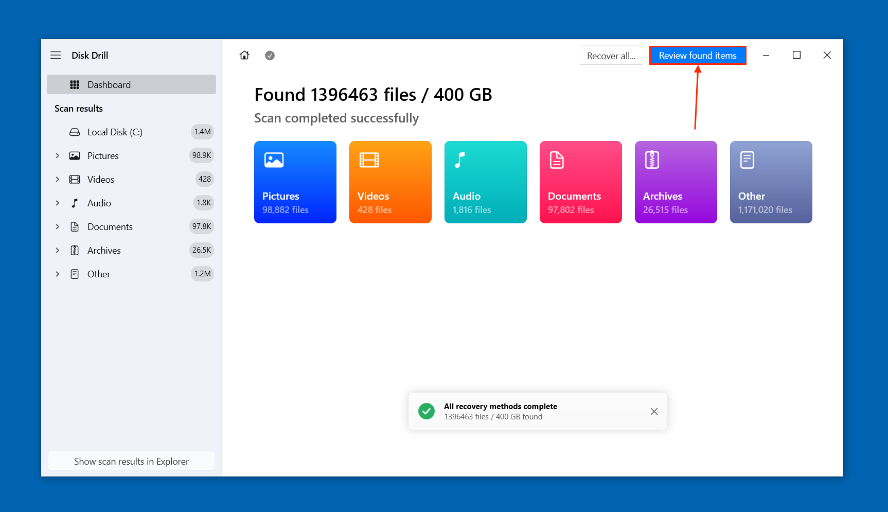 Scan results in Disk Drill