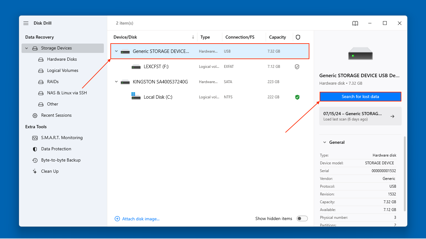 Selecting Cfast from drive selection window in Disk Drill