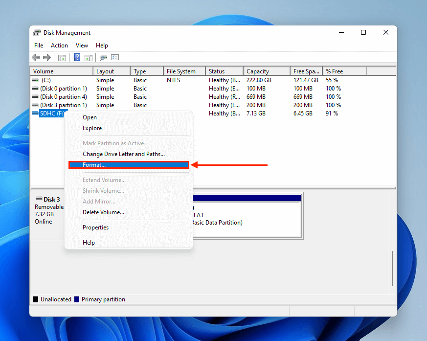 Format in dropdown menu in Disk Management