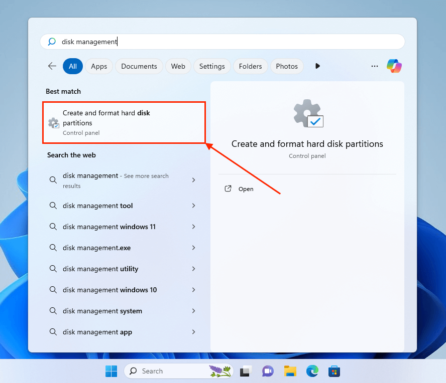 Disk Management in Start Menu