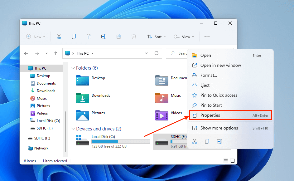 Properties in the dropdown menu in File Explorer