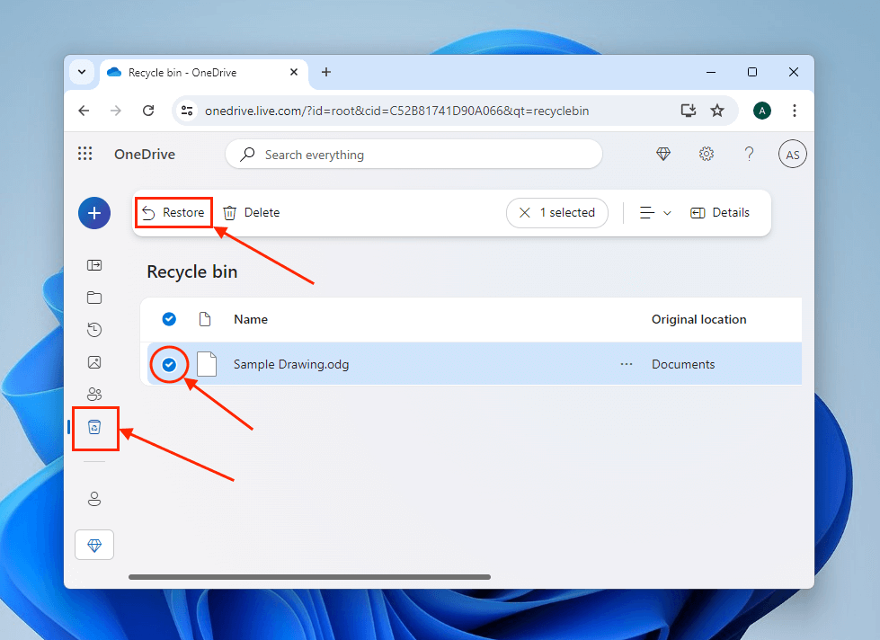 Recycle Bin folder in the OneDrive website