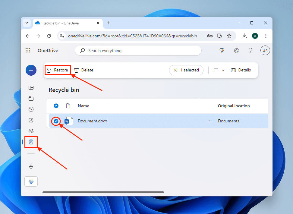 Restoring files from the online recycle bin in OneDrive