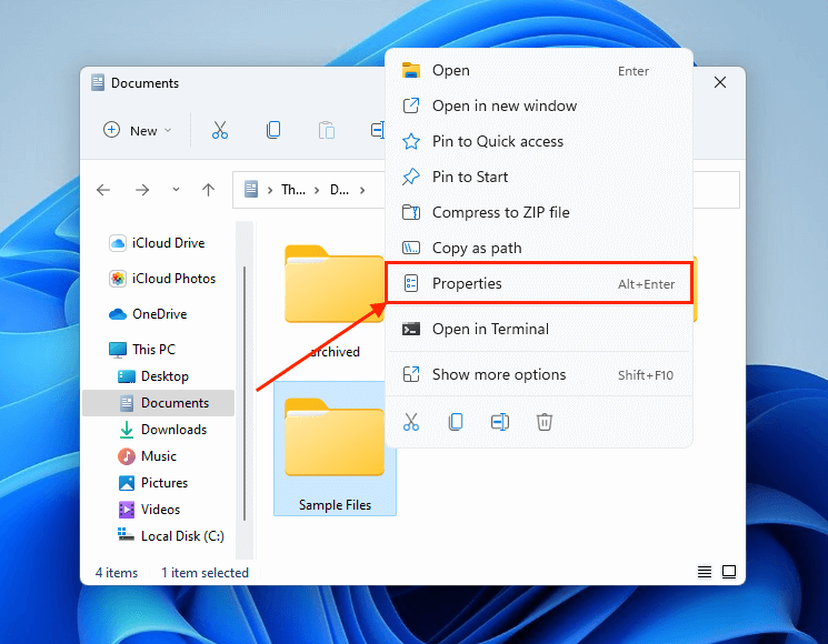 Properties in the File Explorer right-click menu