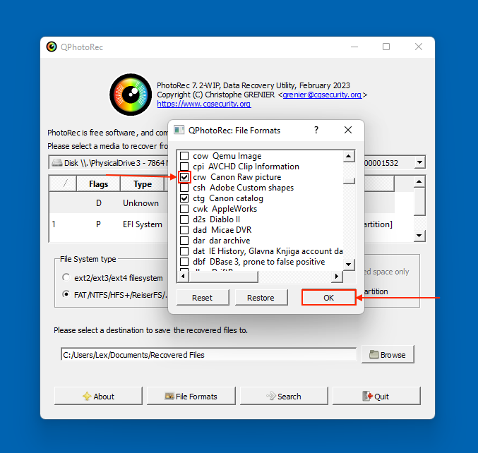 selecting file signatures in File Formats dialogue