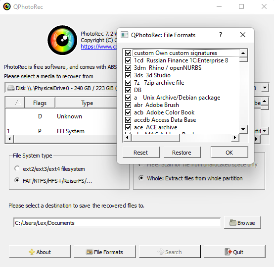 QPhotoRec photo recovery interface