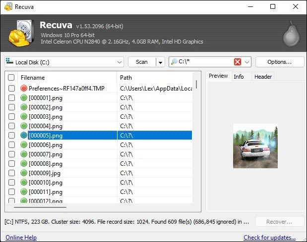 Recuva interface in Windows