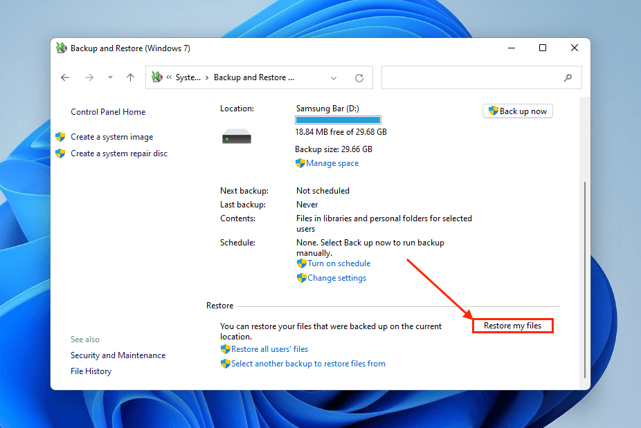 Restore button in Backup and Restore window