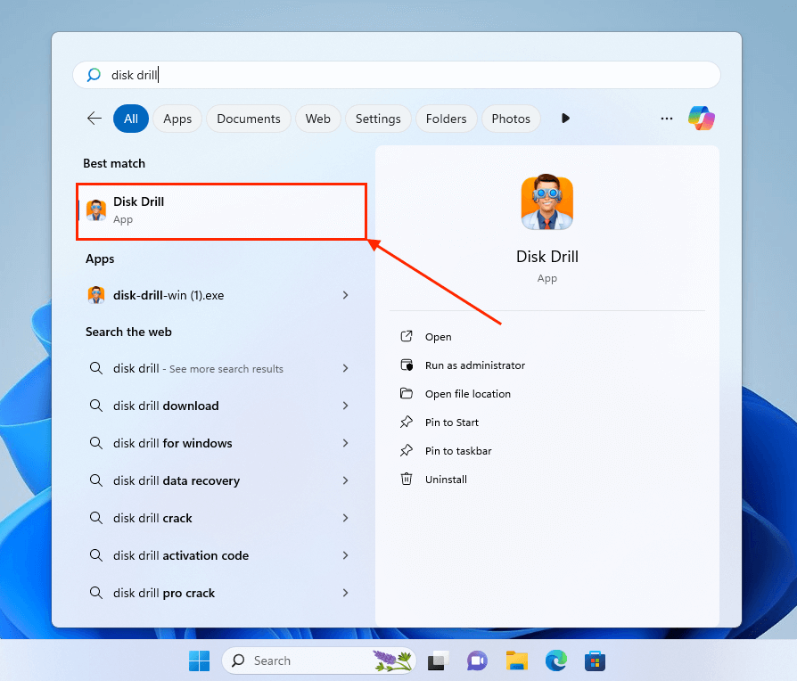 Disk Drill app in Windows Start Menu