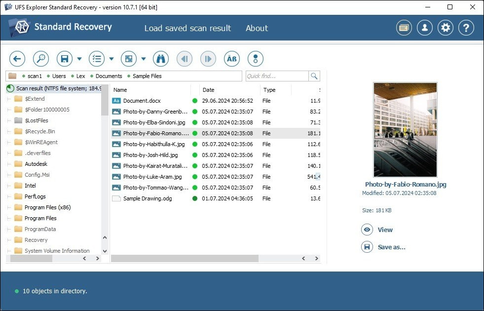 UFS Explorer interface in windows