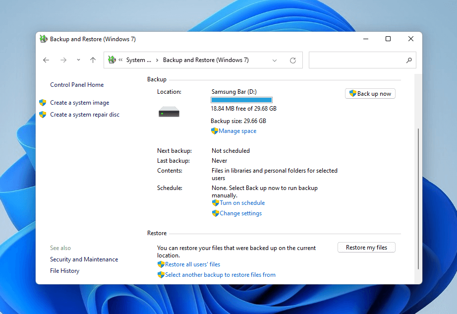 Backup and Restore (Windows 7) menu