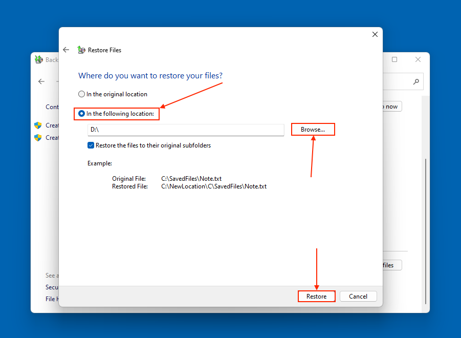 Destination selection window