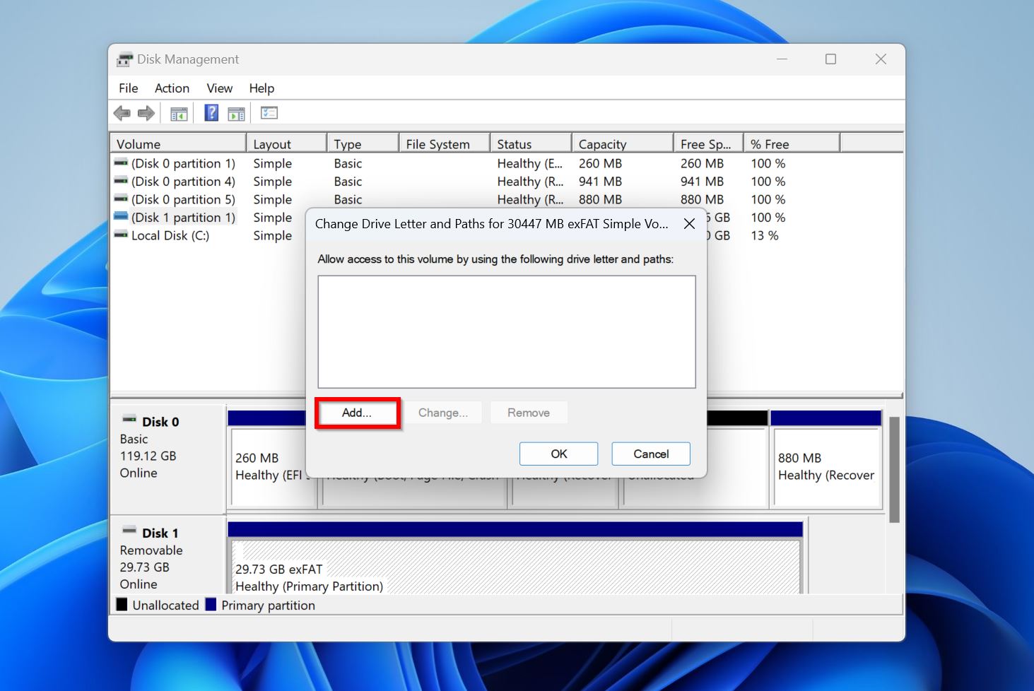 Screenshot of Disk Management in Windows showing the "Change Drive Letter and Paths" dialog box. The "Add" button is highlighted.