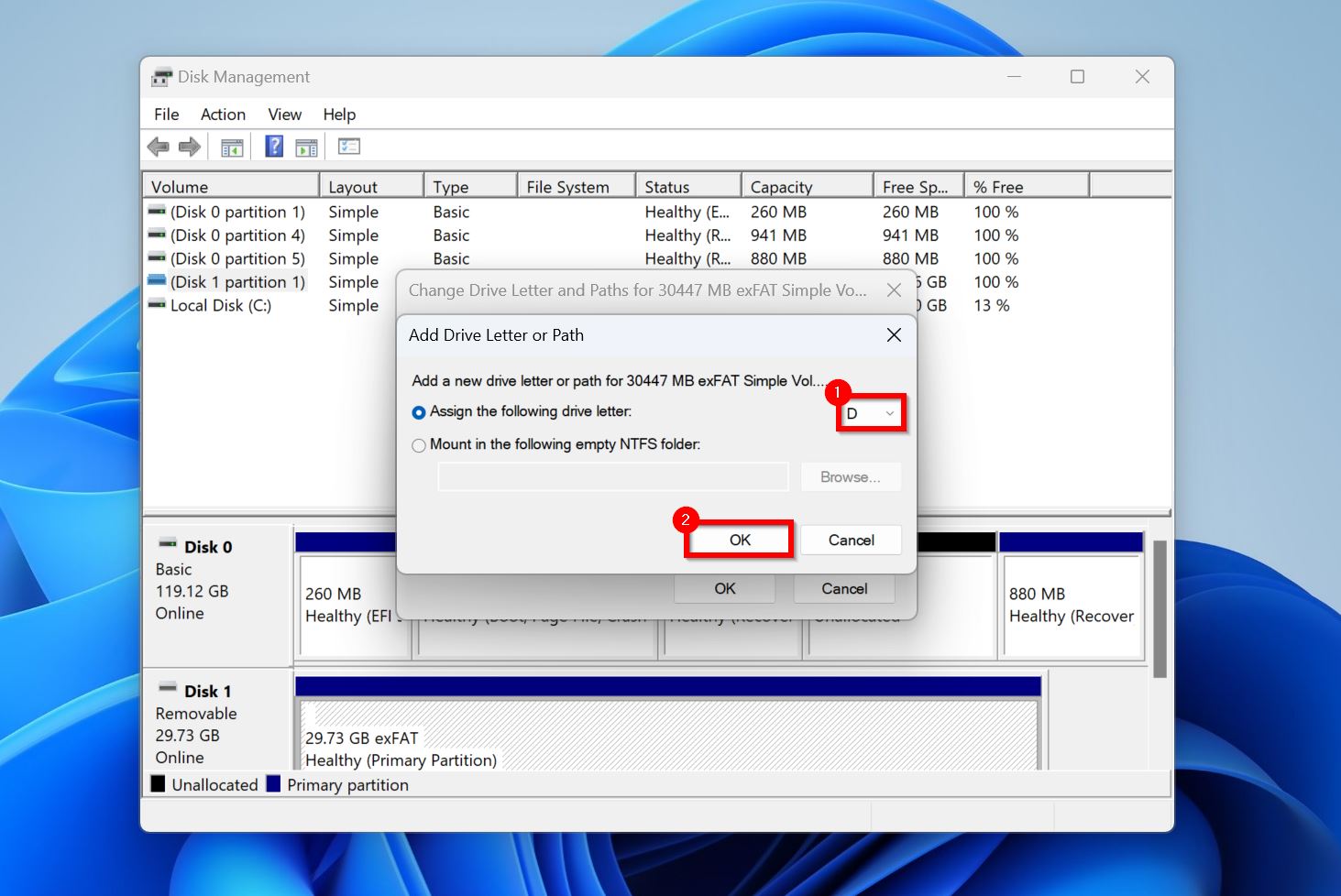 Screenshot of Disk Management in Windows showing the "Add Drive Letter or Path" dialog box.