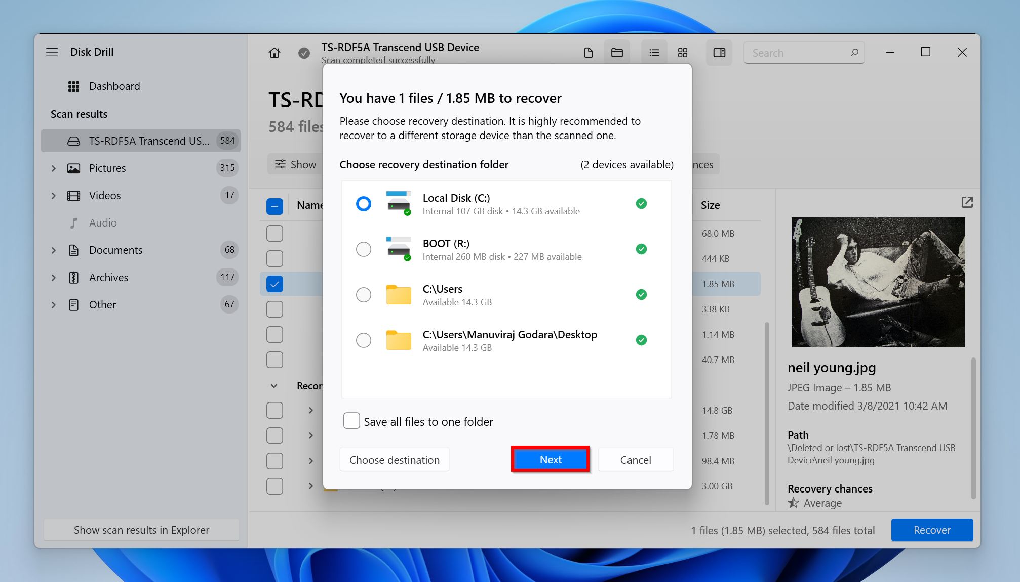 Disk Drill showing the recovery destination options after selecting a file to recover.