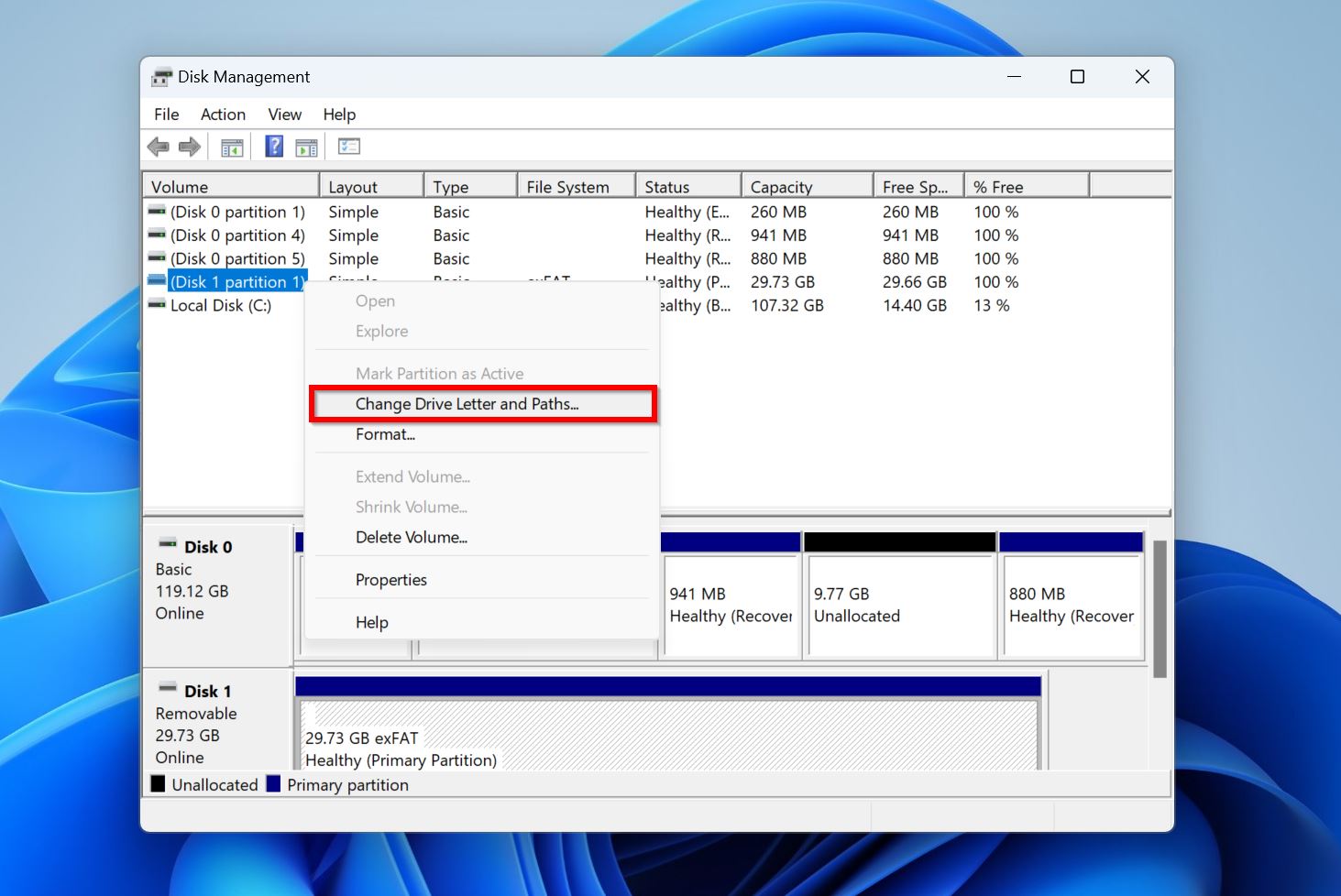 Screenshot of Disk Management in Windows showing the context menu after right-clicking on a partition.