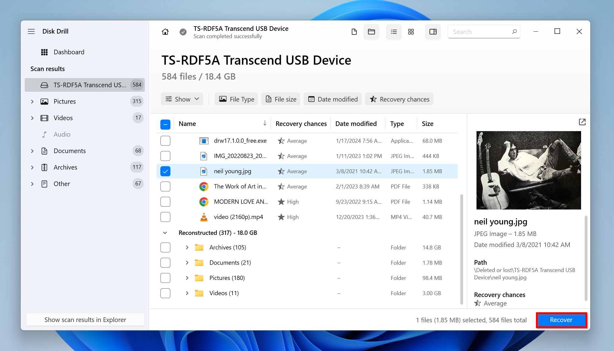 Disk Drill displaying a list of recoverable files with the "Recover" button highlighted.