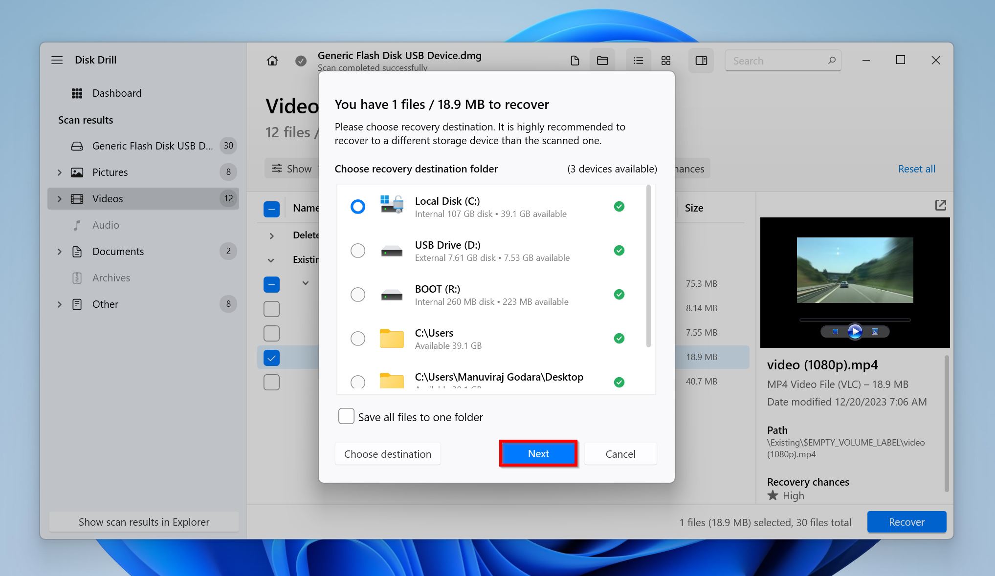 Disk Drill showing a recovery destination prompt, with options for different drives and folders.