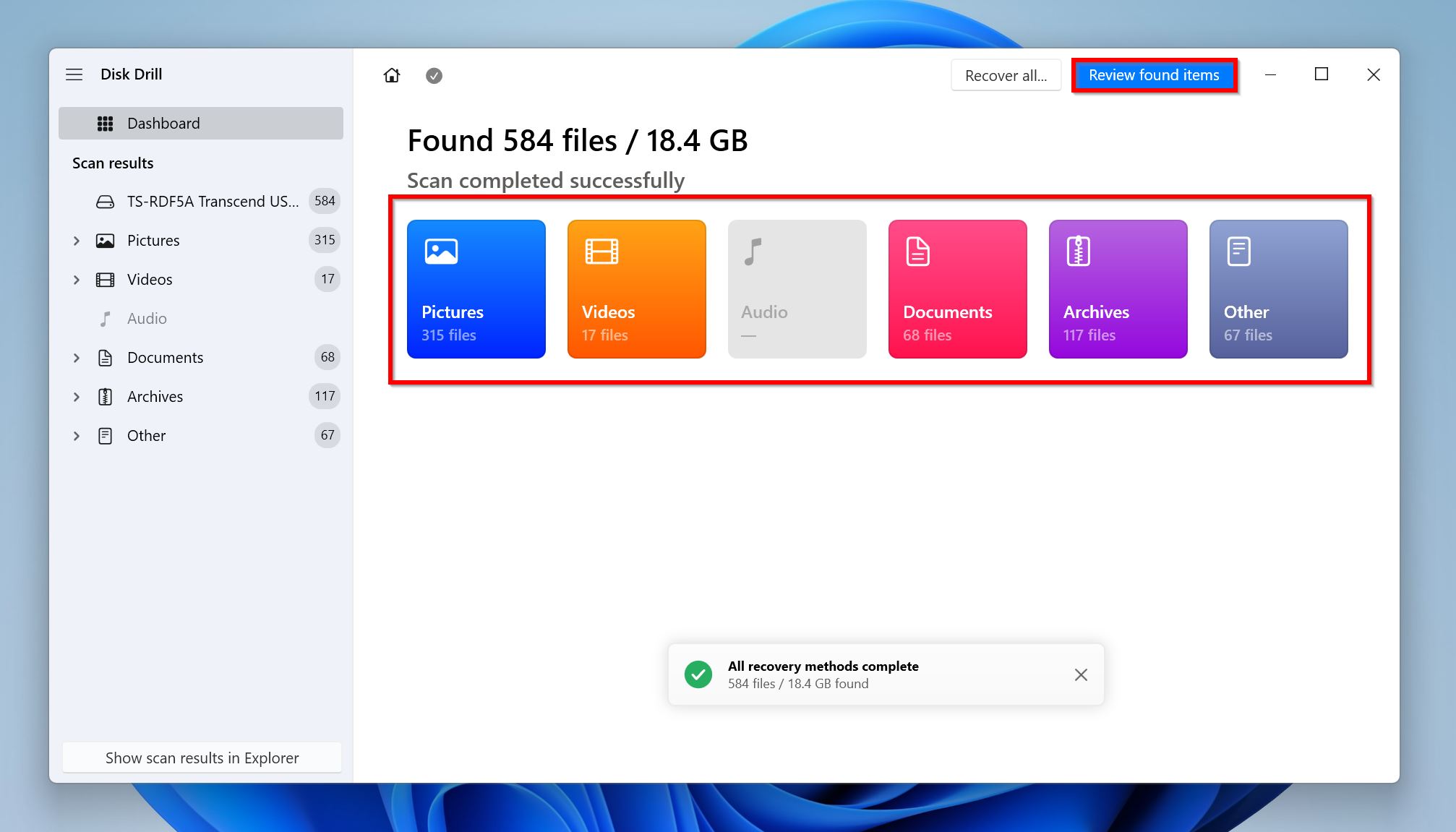 Disk Drill showing the scan results summary, categorizing found files into sections such as Pictures, Videos, Documents, Archives, and Other.