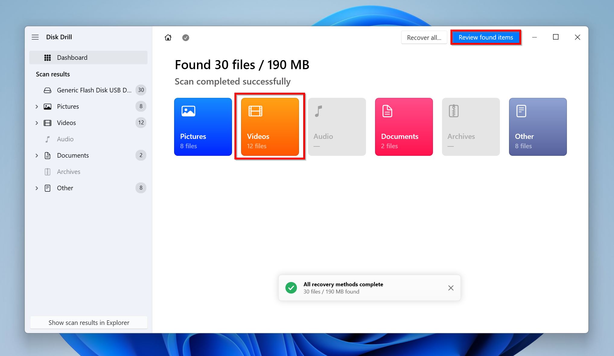 Disk Drill showing the summary of found files with the "Videos" option highlighted.