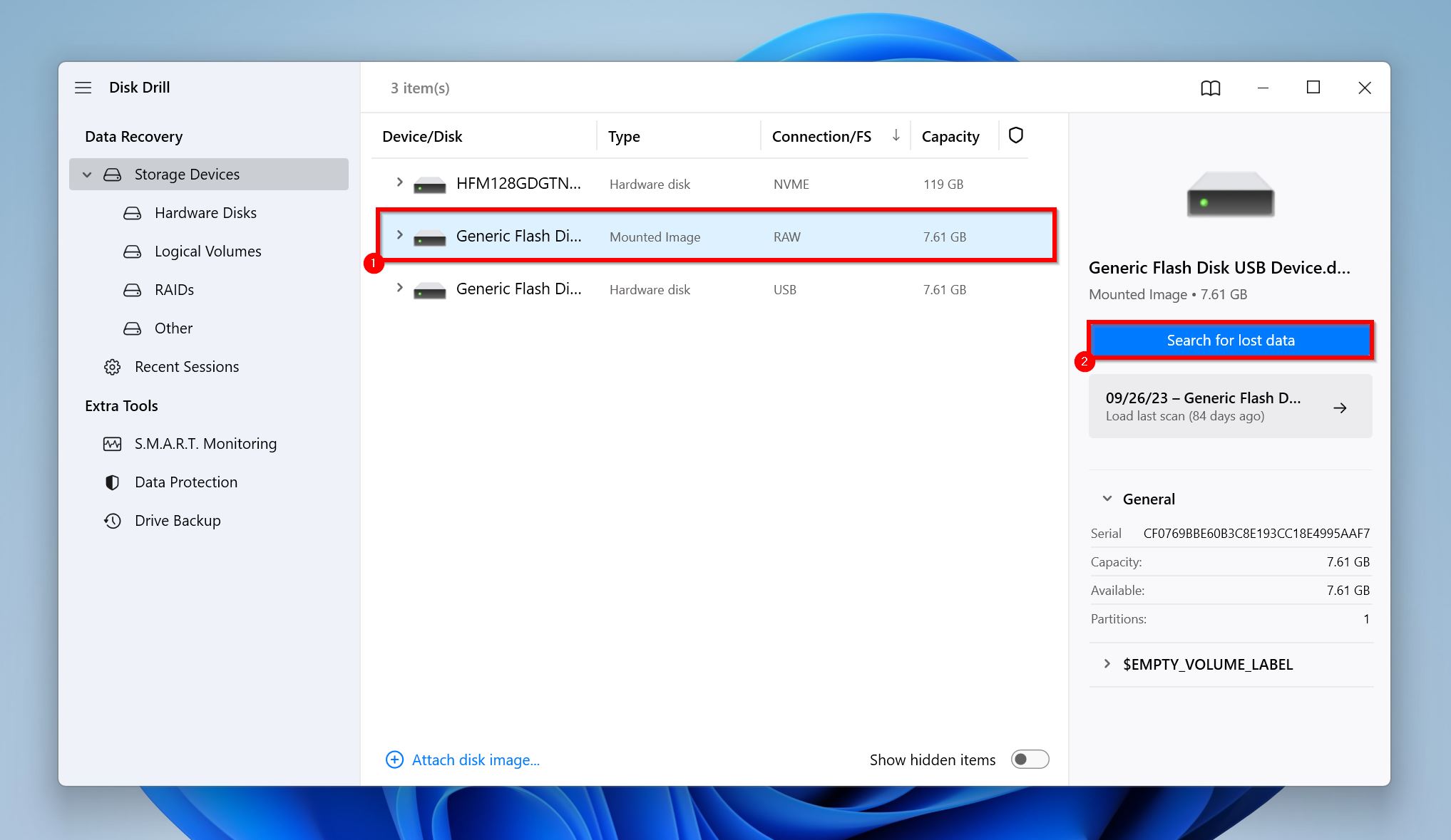 Disk Drill's data recovery section, with the option to "Search for lost data" highlighted.