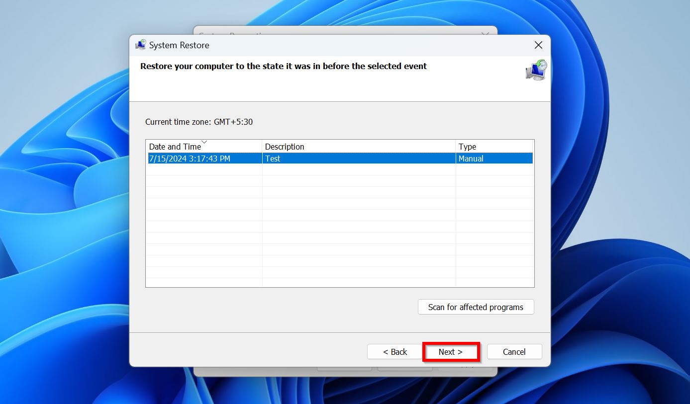 The System Restore dialog box in Windows, displaying a list of available restore points. 