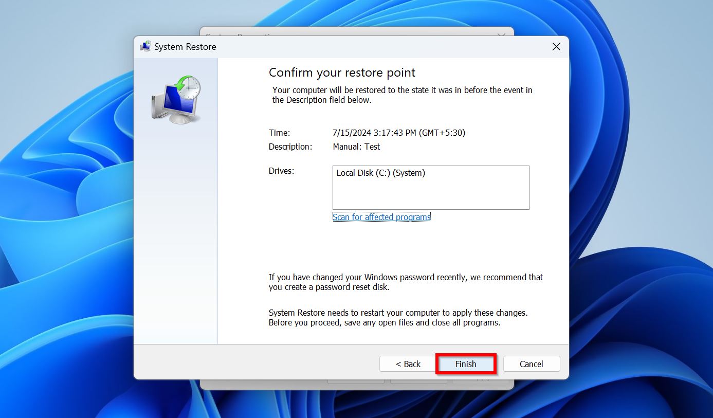 Screenshot of the System Restore dialog box in Windows. It shows the confirmation screen with details about the restore point.