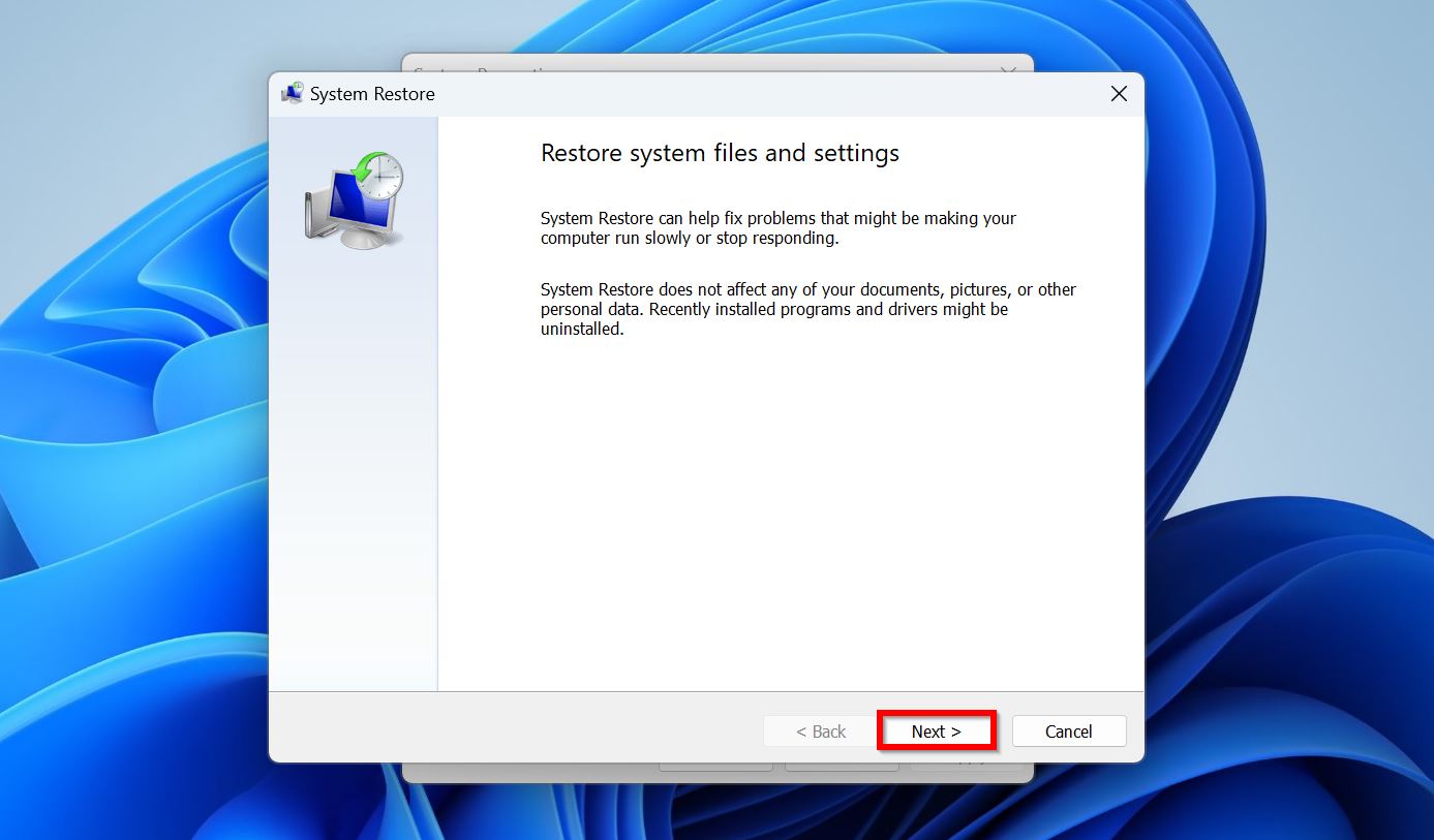 The initial System Restore dialog box in Windows, explaining that System Restore can help fix problems.