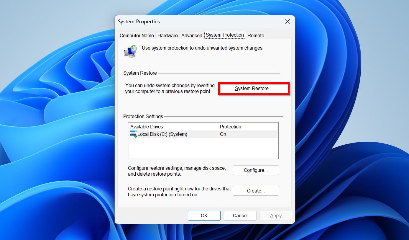 Screenshot of the System Properties dialog box in Windows, showing the "System Protection" tab.