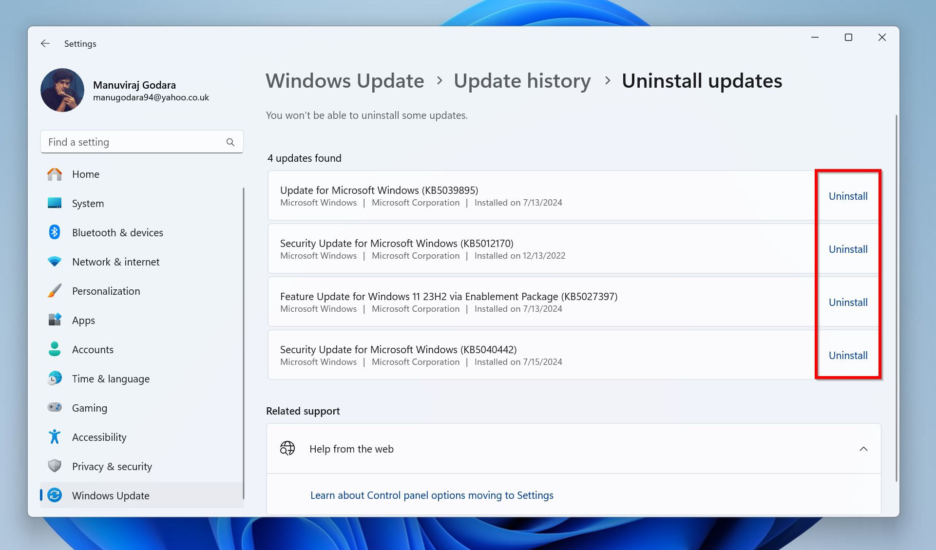 Screenshot of the Windows Update settings in Windows 11, showing the "Uninstall updates" section.