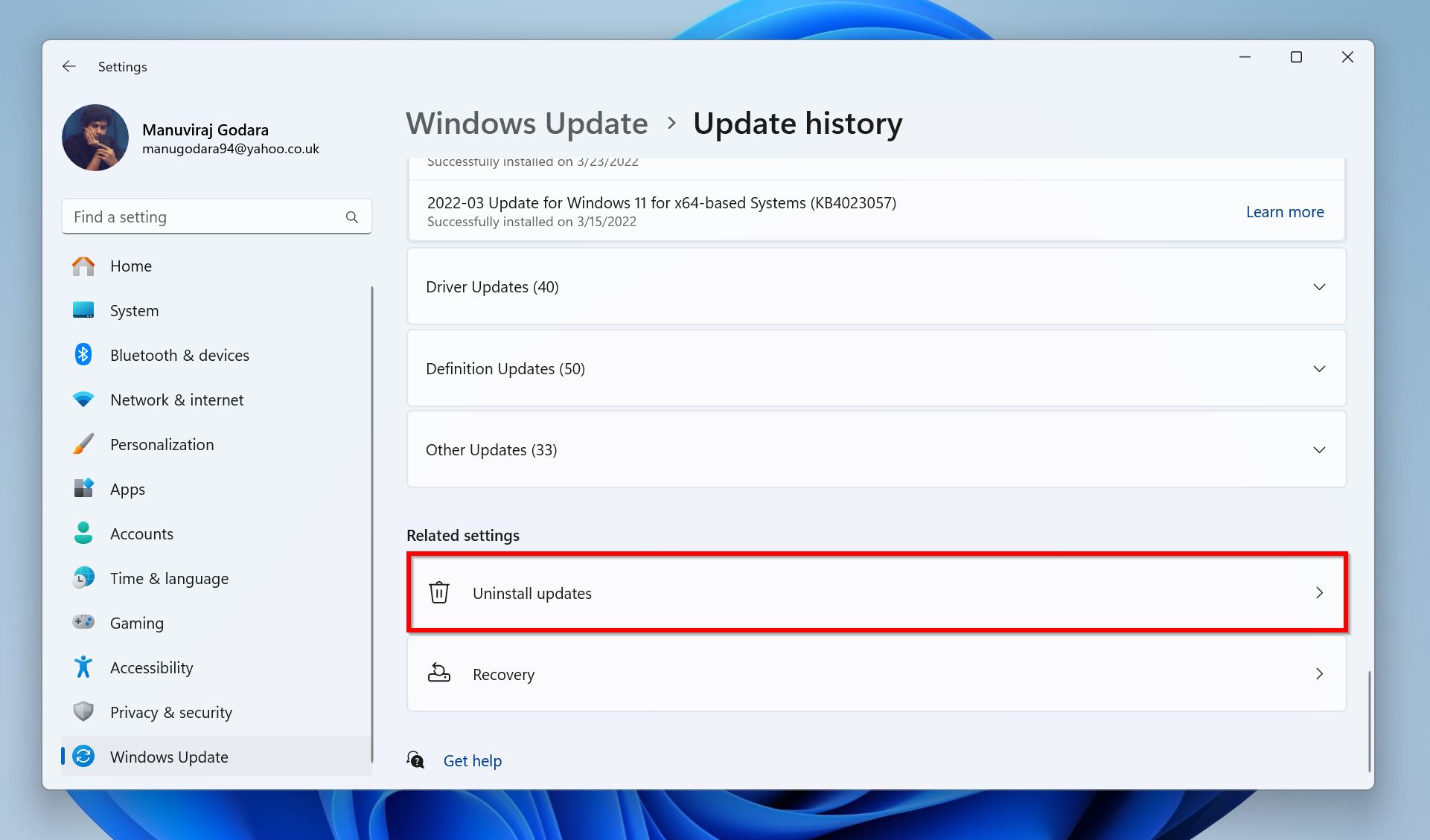 Screenshot of the Windows Update settings in Windows 11, showing the "Update history" section with "Uninstall Updates" highlighted.