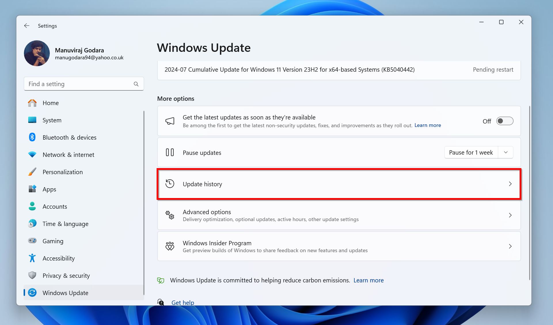 Screenshot of the Windows Update settings in Windows 11, showing the main "Update history" section.