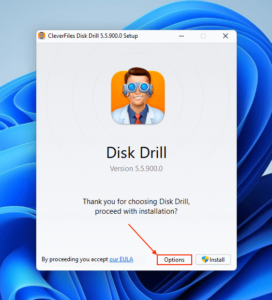 Options button in disk drill dialogue 