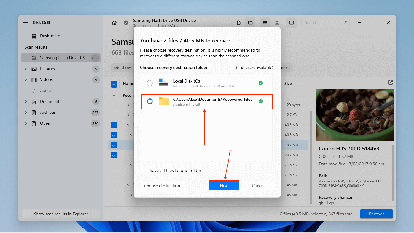 selecting destination folder in disk drill