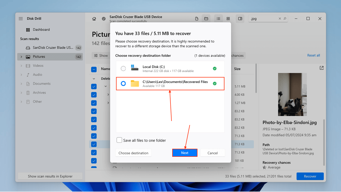 Disk Drill destination selection menu