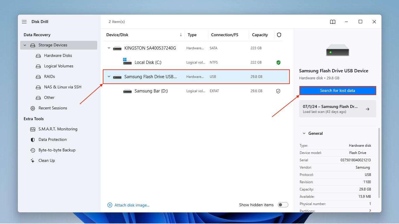 drive selection window in Disk Drill