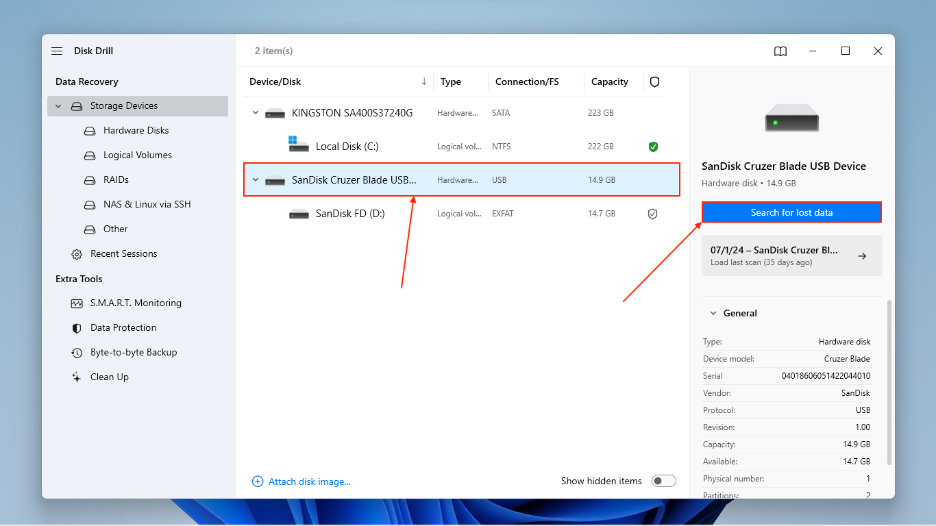 Disk Drill drive selection menu