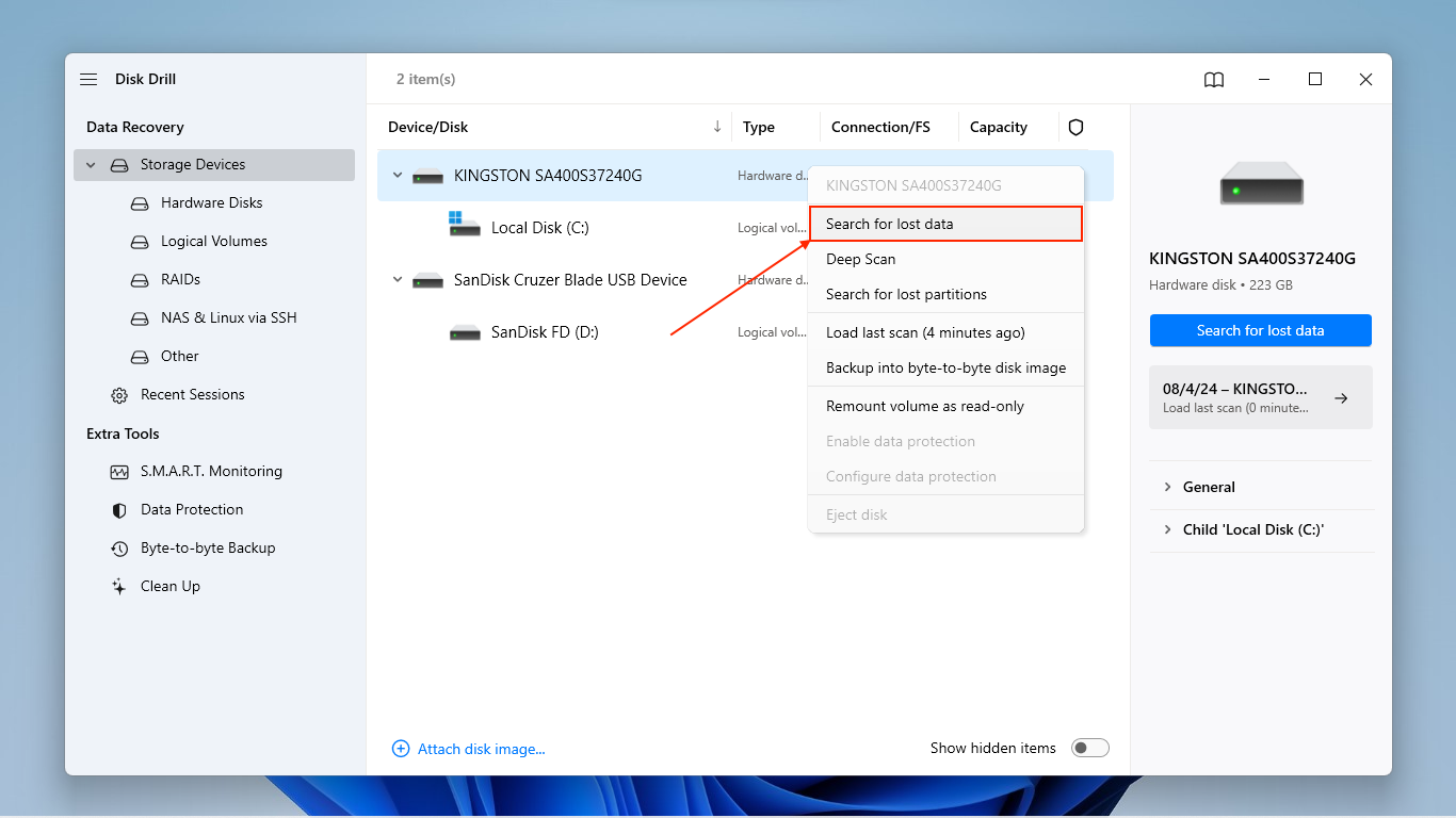 drive selection window in disk drill