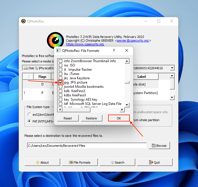 QPhotoRec File Formats selection menu