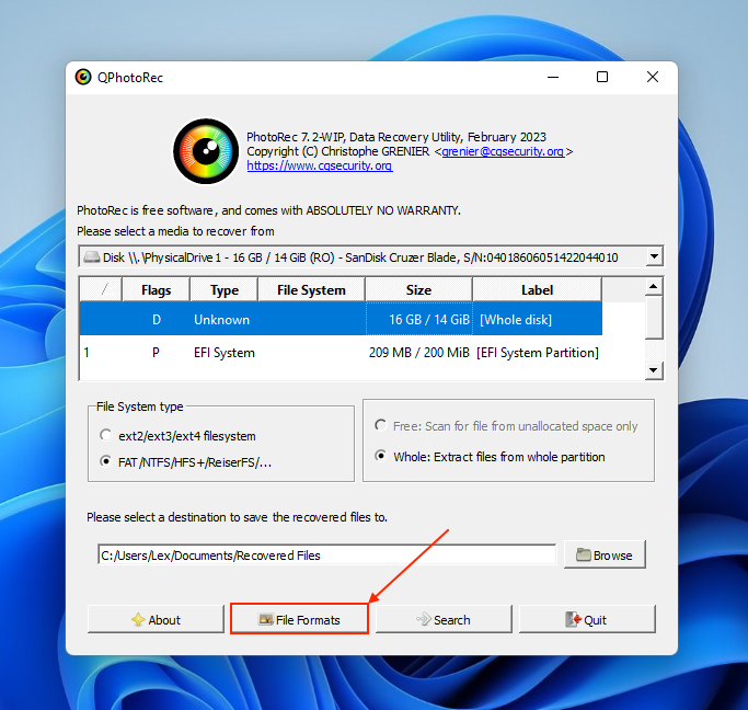 File Formats button in QPhotoRec's main menu