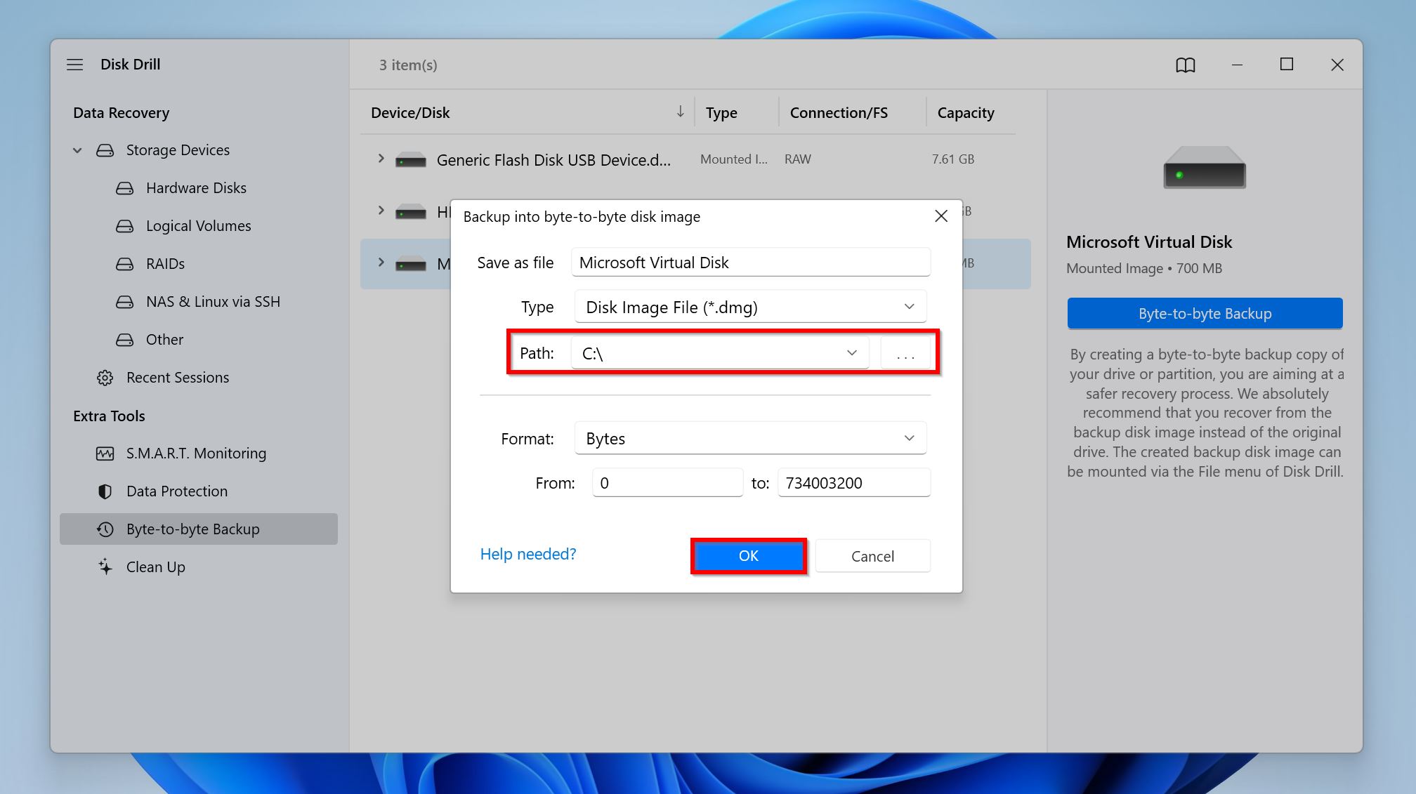 Disk Drill byte-to-byte backup parameters window.