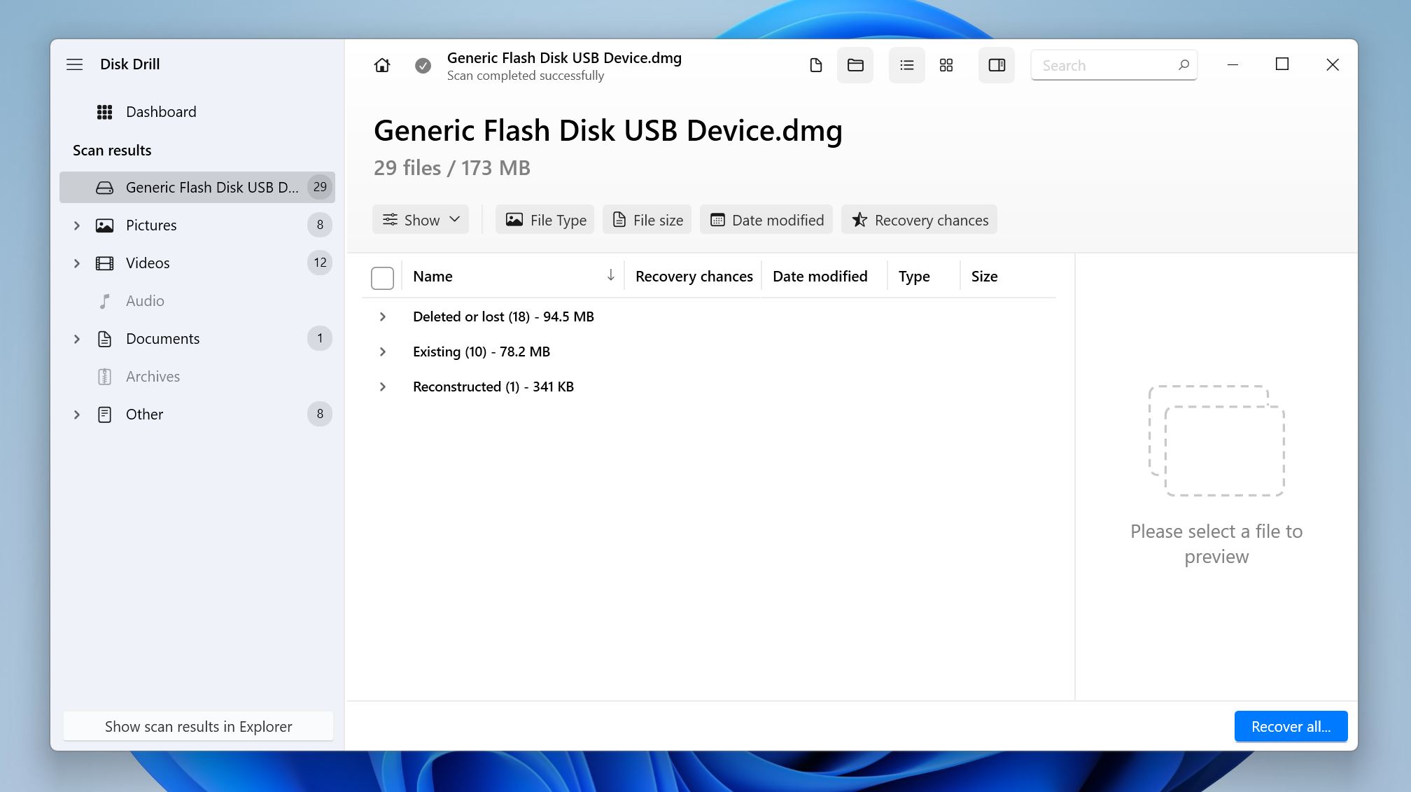 Disk Drill data recovery sections screen.