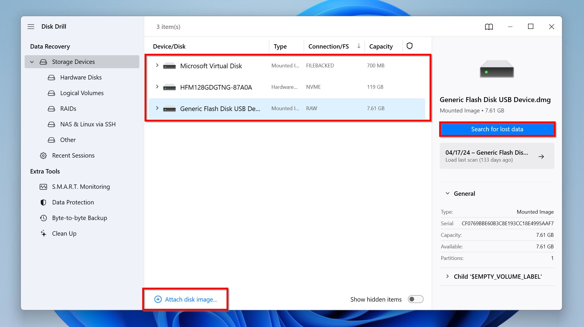 Disk Drill storage devices screen showing connected and mounted disks for data recovery.