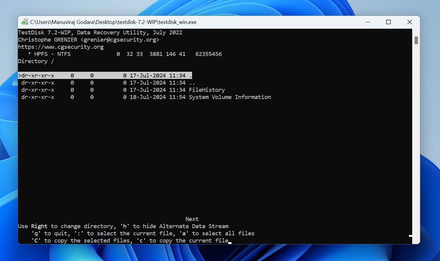 TestDisk directory listing with files and folders to recover.