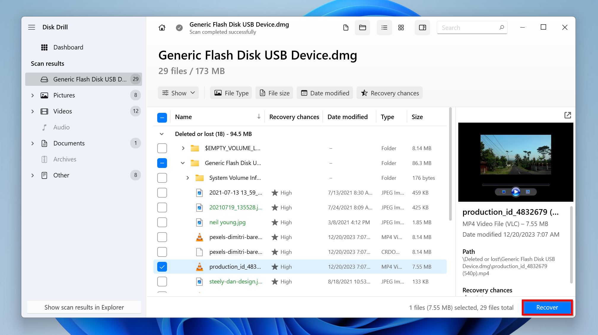 Disk Drill interface displaying a list of recoverable files with recovery chances.