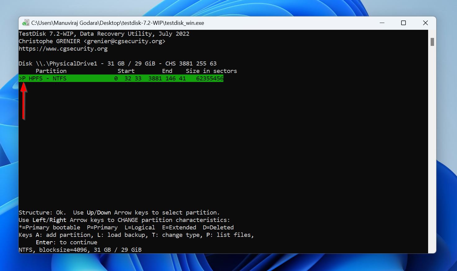 TestDisk screen displaying the detected partition with size and structure details.