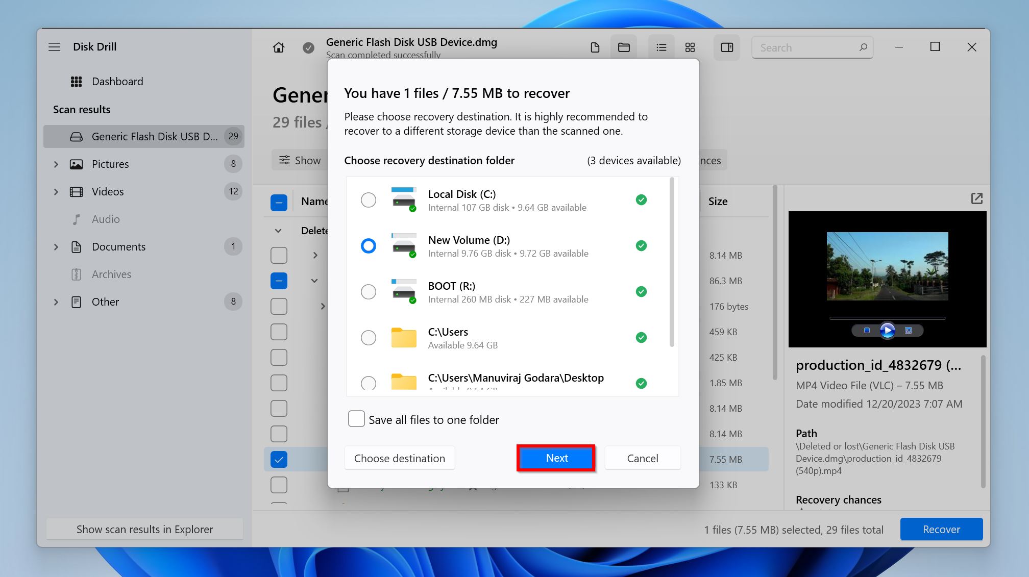 Disk Drill recovery destination selection prompt.