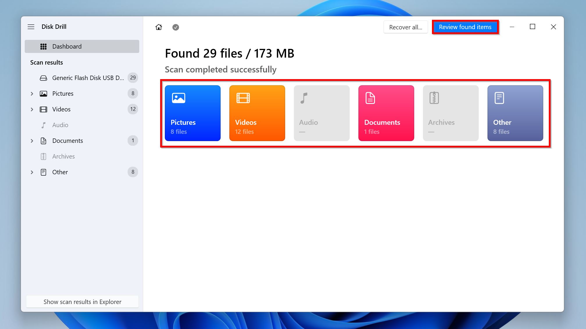 Disk Drill screen showing the 'Review found items' option after a successful scan.