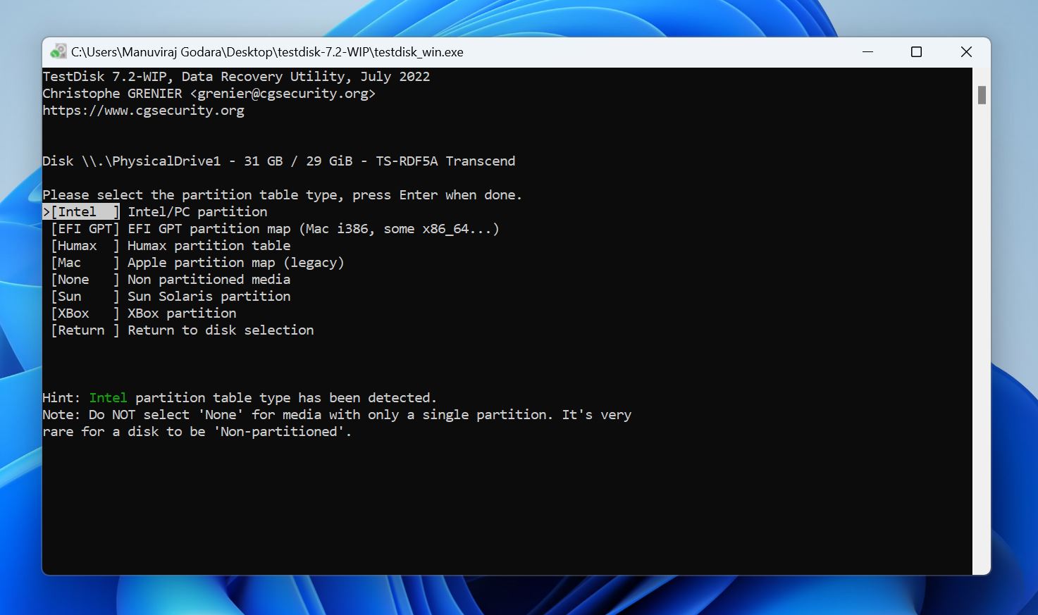 TestDisk screen for selecting the partition table type for recovery.