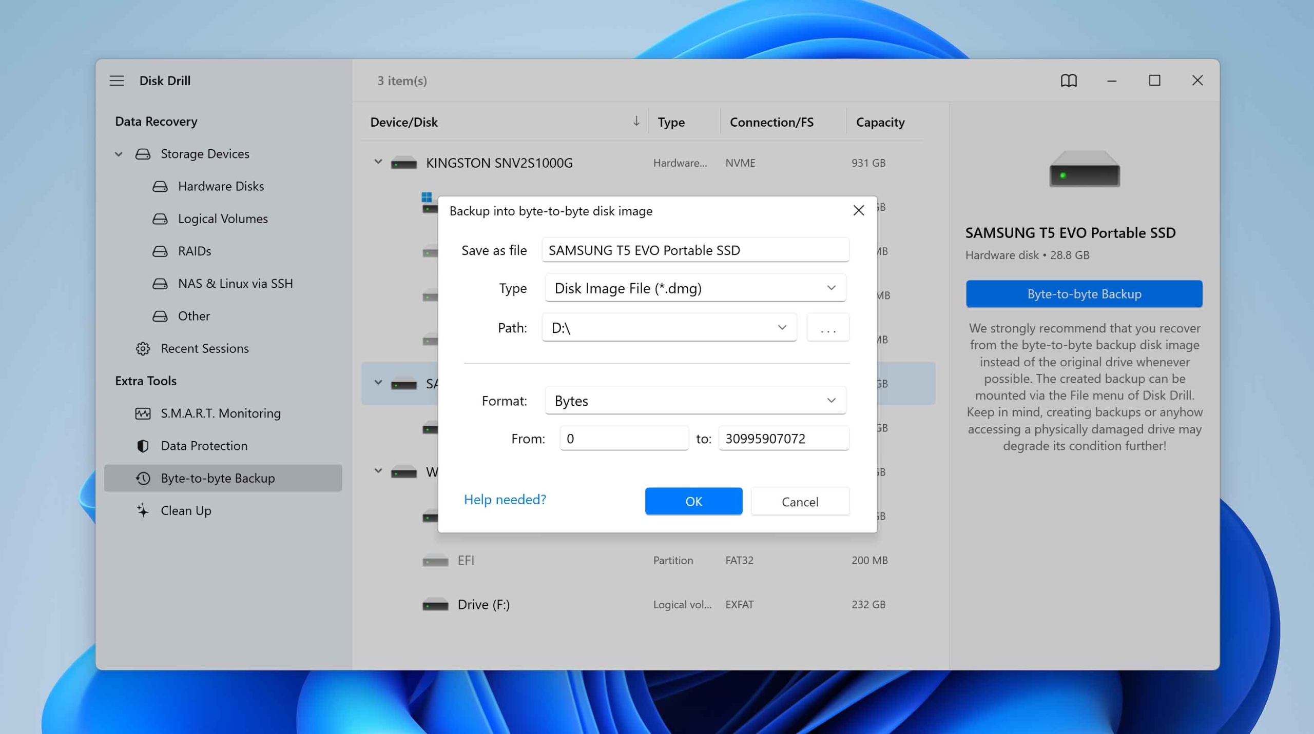setting up a byte-by-byte copy of the disk